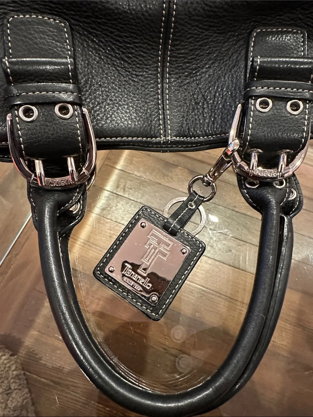Tignanello Black Pebbled Leather Satchel with Silver Hardware